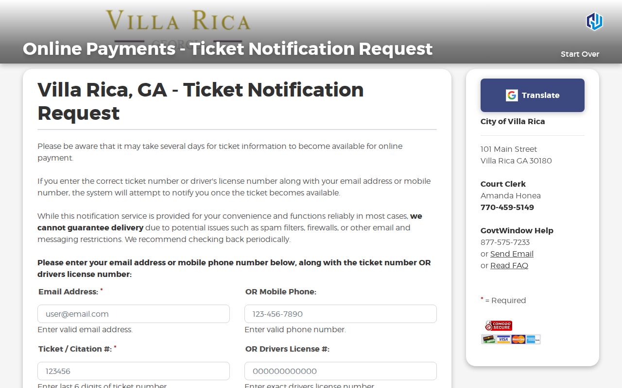 Villa Rica warrant search source showing citation notification fields