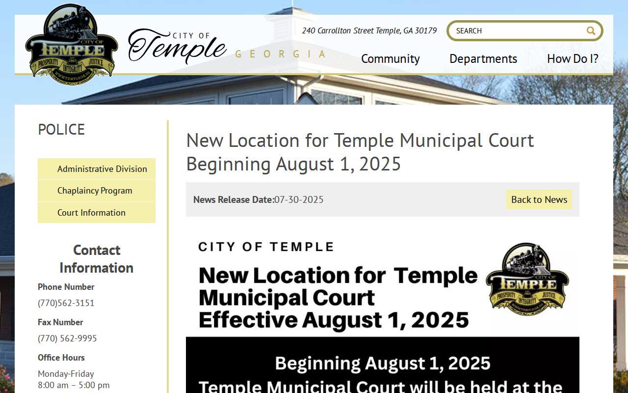 Carroll County municipal warrant court location notice for Temple